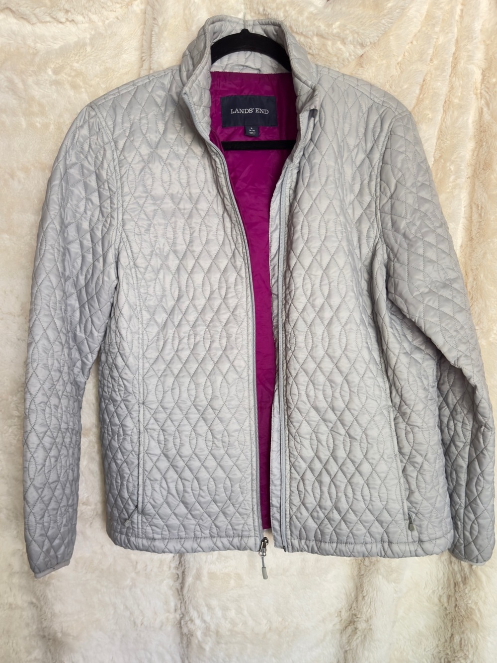 Lands' End Light Gray Quilted Puffer Jacket with Magenta Lining